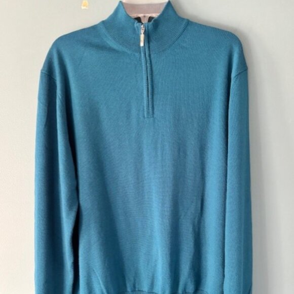 Neiman Marcus Sweater L Green Blue Merino Knit 1/4 Zip Ribbed Preppy Collegiate - Picture 1 of 6